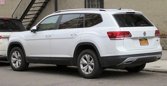 White Volkswagen Atlas from the rear