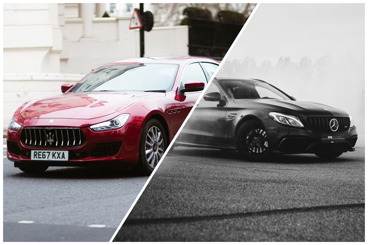 split screen of maserati and mercedes vehicles