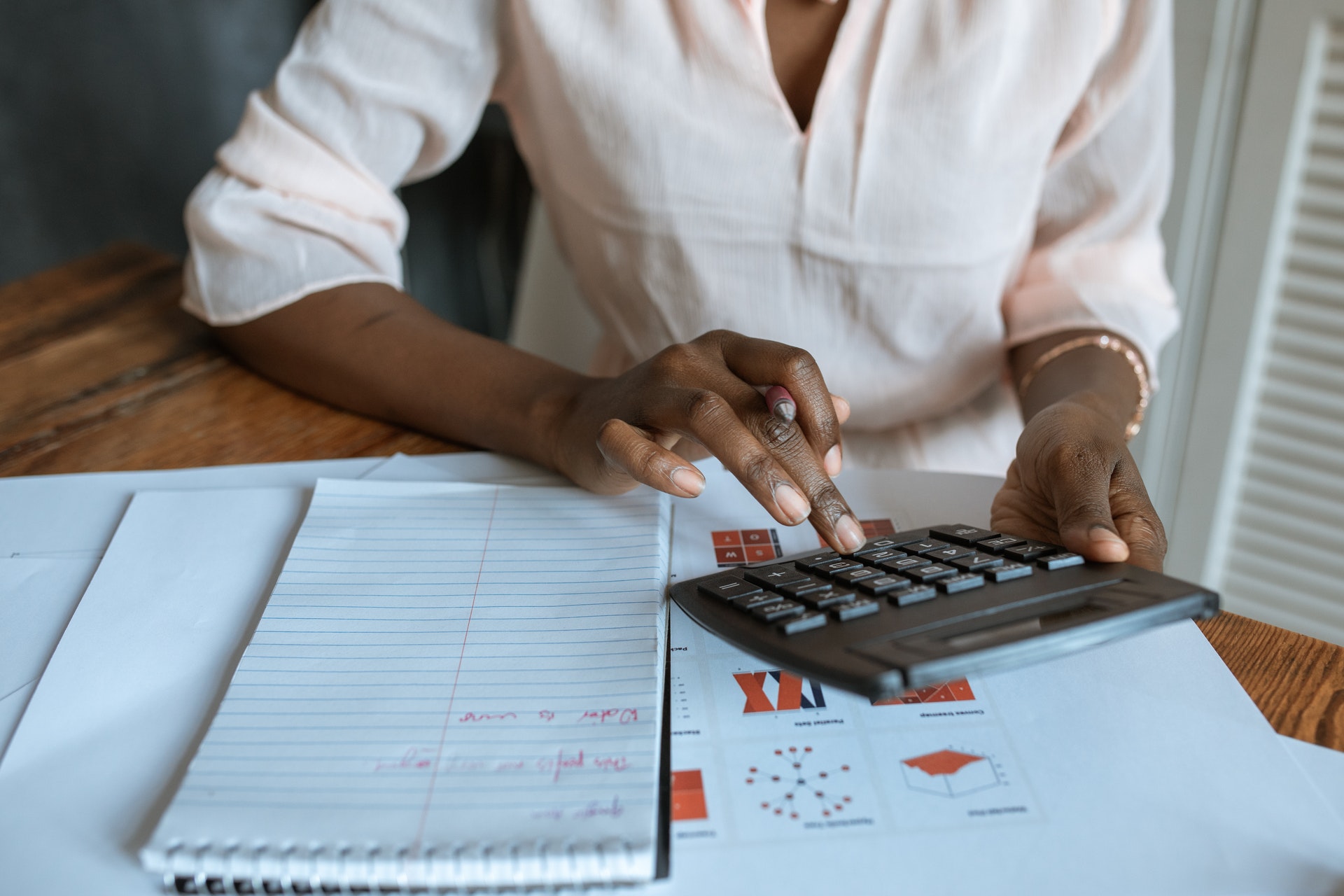 Woman using calculator